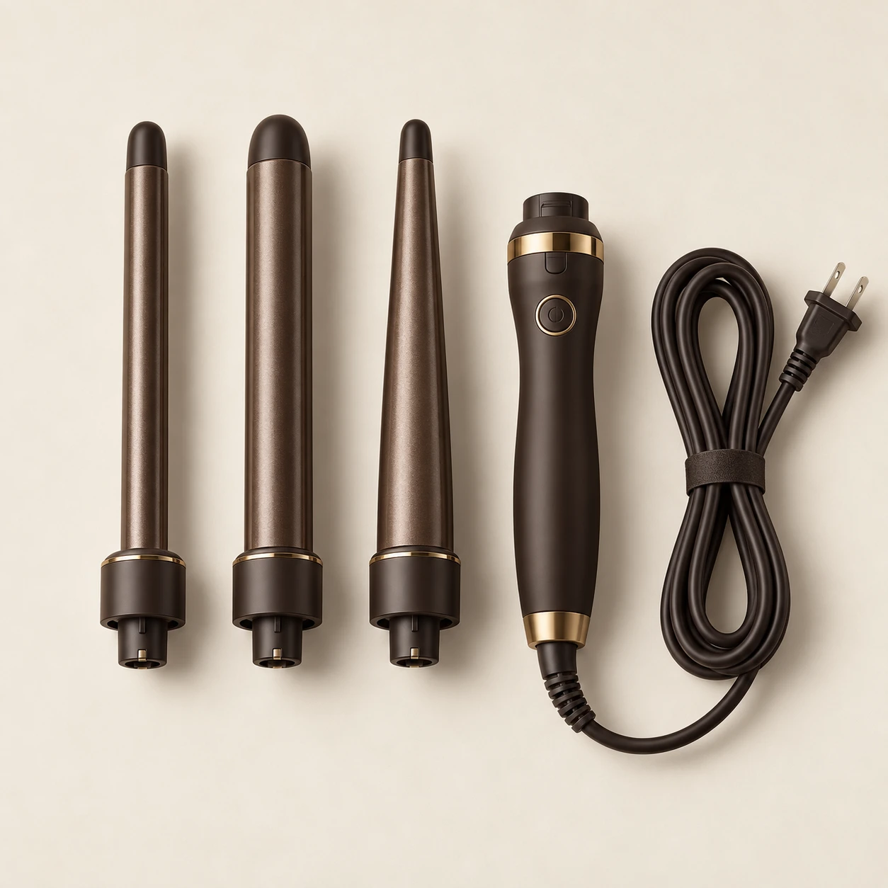 Chapter Three Curling Set, Cocoa & Brass; One handle and three barrels