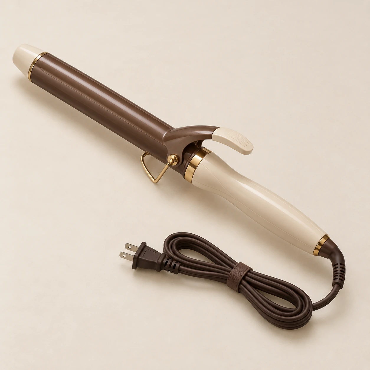 Long Thesis 38 Curler, Cocoa & Cream; 38 mm long clamp barrel